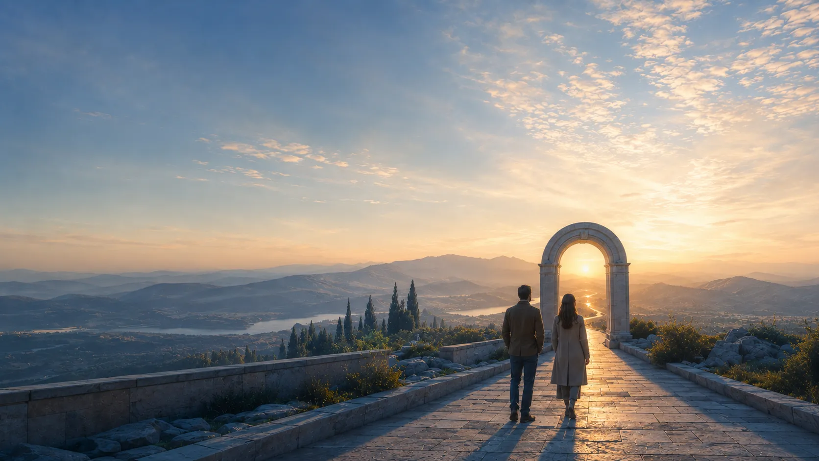 Two figures follow a stone path towards an open arch and a sunlit horizon.